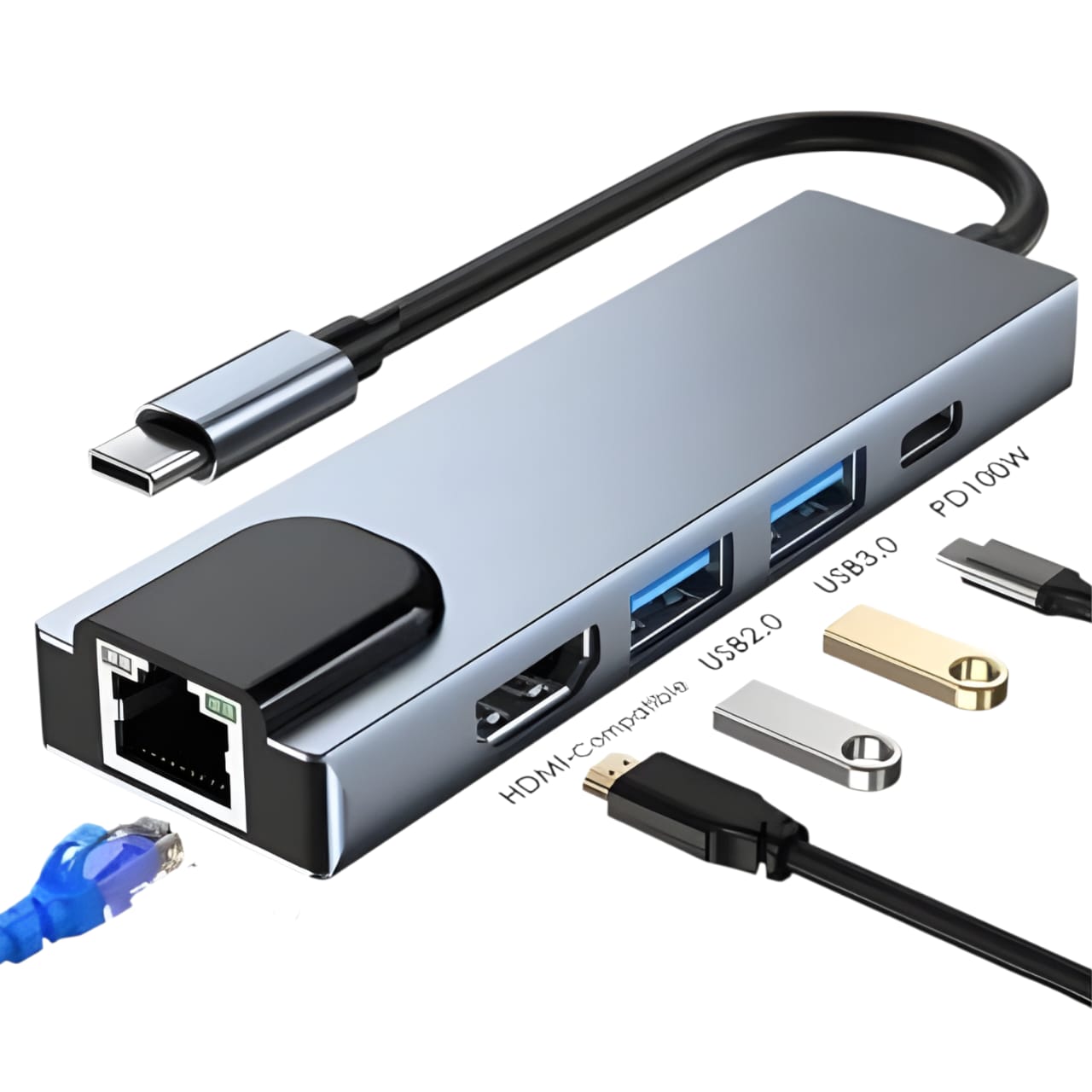 USB-C to HDTV 5-in-1 Multiport Hub Adapter HDMI, 2 USB 3.0, Ethernet Port