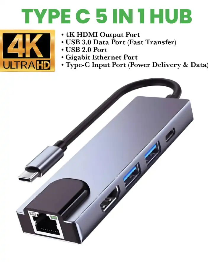 USB-C to HDTV 5-in-1 Multiport Hub Adapter HDMI, 2 USB 3.0, Ethernet Port