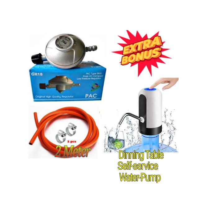 Pac Advance standard Pressure 6kg Gas Regulator Plus FREE Gas Delivery Hose Pipe 2M & Safety Clips For 2 Meko Tabletop Cooker burner + Free Electric Water Dispenser Pump