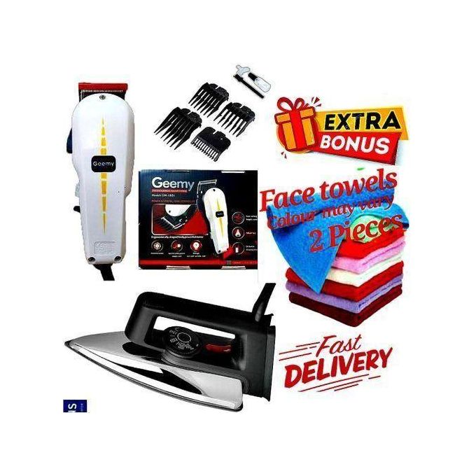 Geemy ELECTRIC PROFESSIONAL HAIR CLIPPER/TRIMMER SHAVER / BEARD TRIMMER- SHAVING MACHINE-KINYOZI + GIFTS ELECTRIC IRONING BOX // IRONBOX 1000W & 2 PIECES FACE TOWELS.