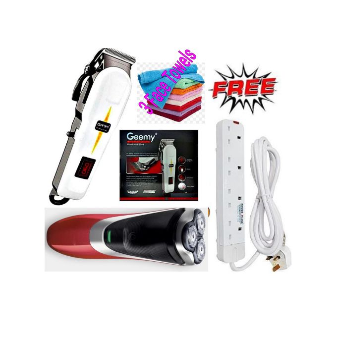 Geemy GM-6008 Rechargeable Hair Clipper - Power: 15W, Voltage: 220-240VErgonomic, Stainless steel blades + Free 4 Way Power Extension ,3 Face Towel & Aqua Touch Plus Smoother