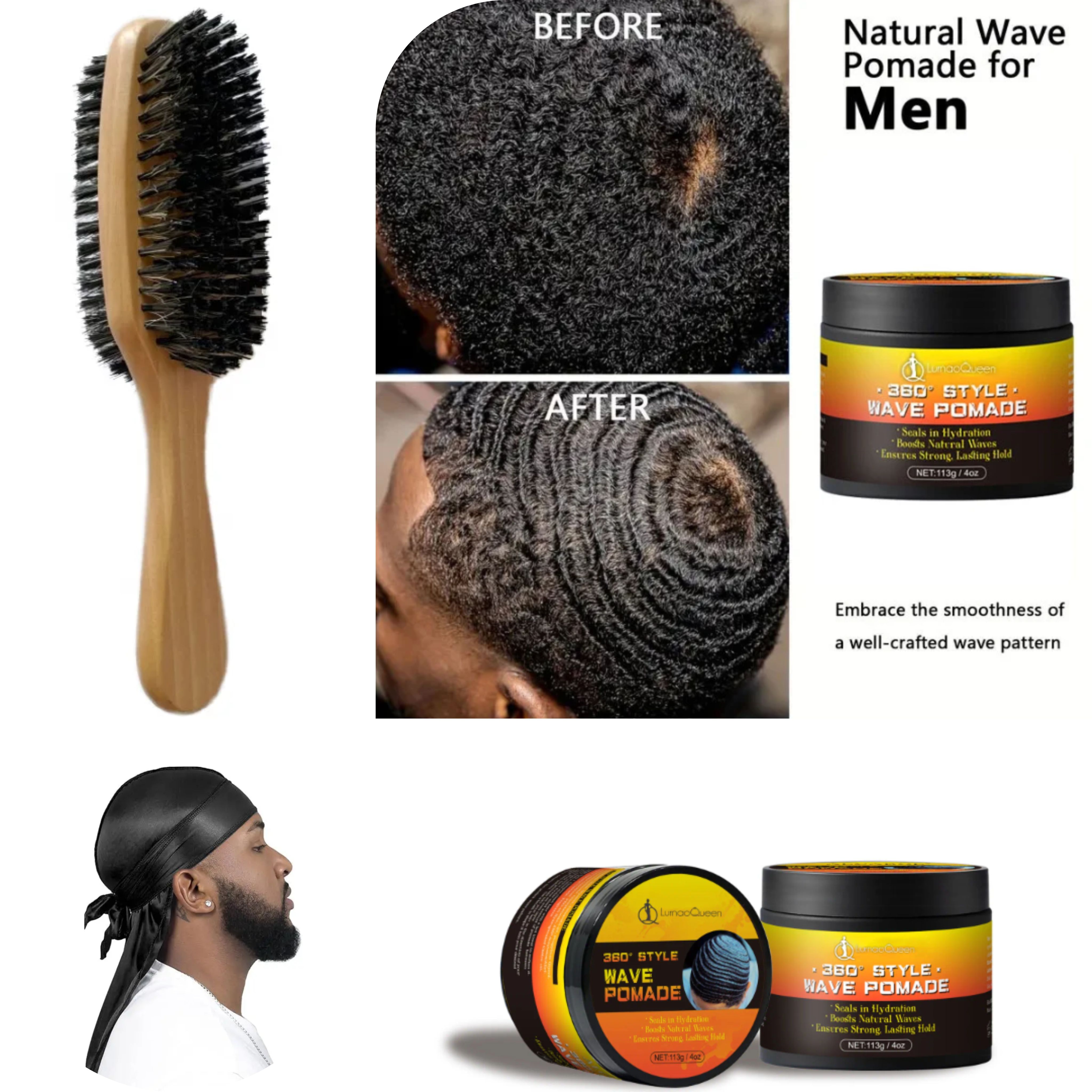 Silky Durags for Men Wave Pomade Strong Hold Easy Wash 360 Wave Training Hair Cream, Waves Grease for Men Promotes Layered Waves Silky Satin Durag Extra Long Tails Wave Brushe Silky Durag Wave Cap Set