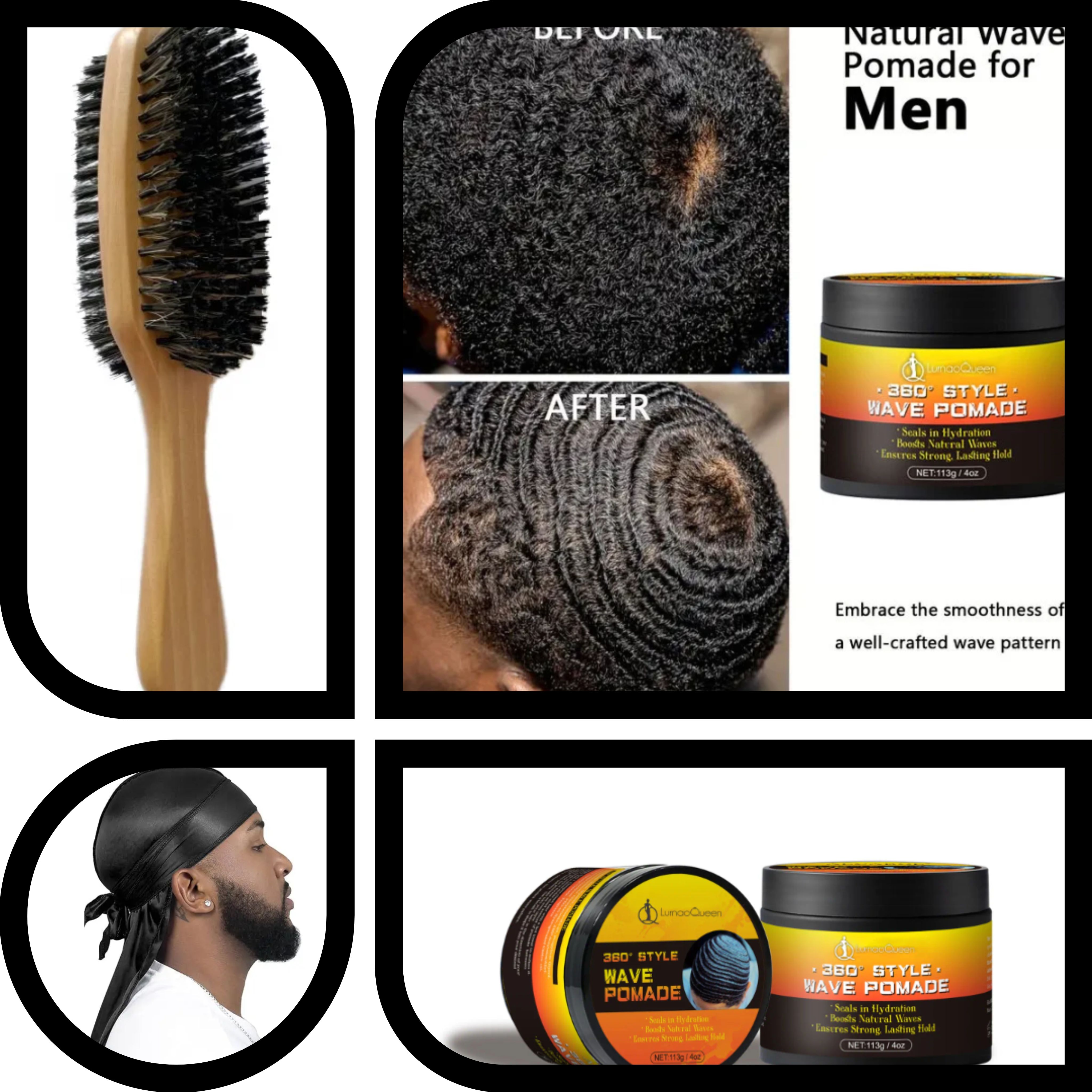 Silky Durags for Men Wave Pomade Strong Hold Easy Wash 360 Wave Training Hair Cream, Waves Grease for Men Promotes Layered Waves Silky Satin Durag Extra Long Tails Wave Brushe Silky Durag Wave Cap Set