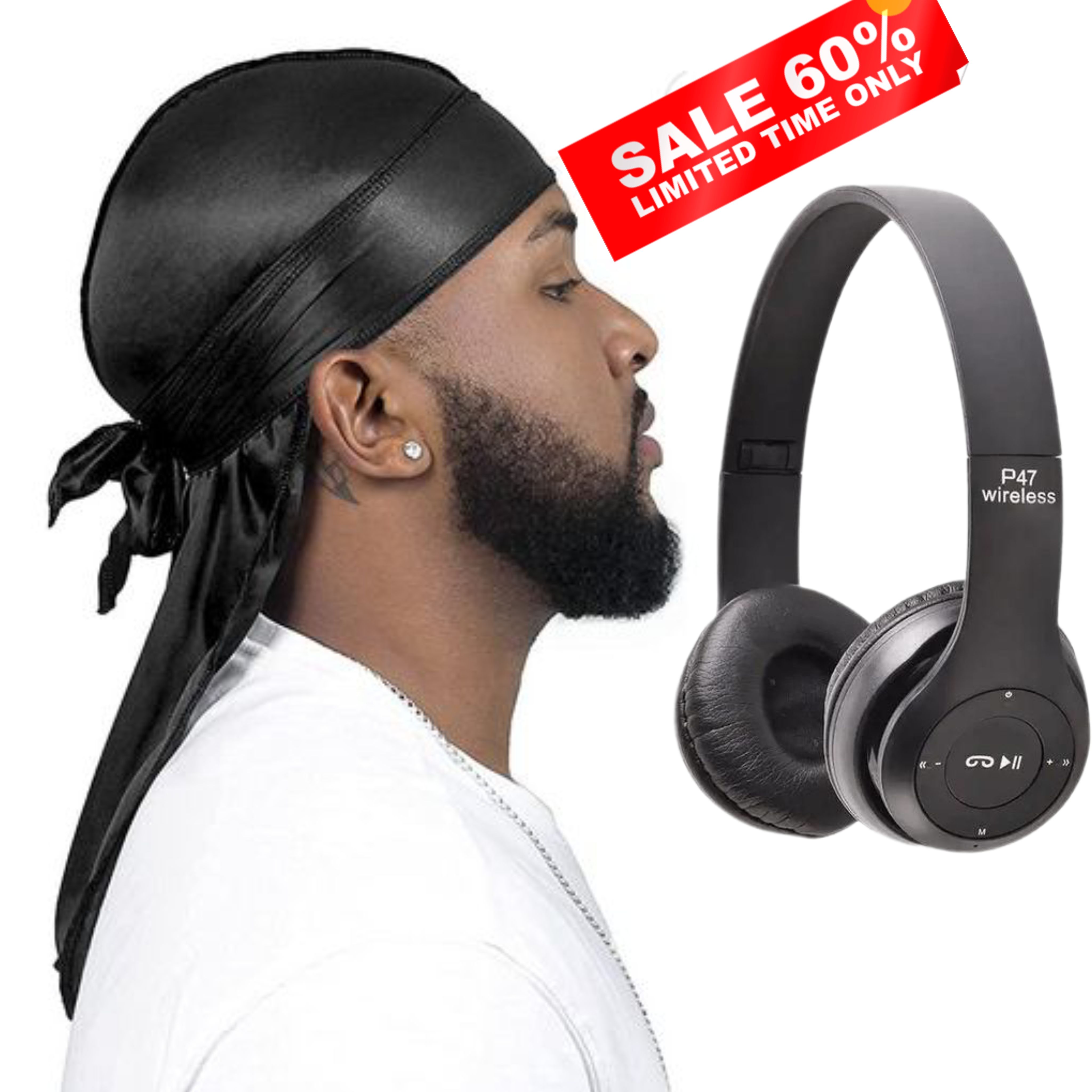 Black Silky Durag with Bonus Wireless Headphones