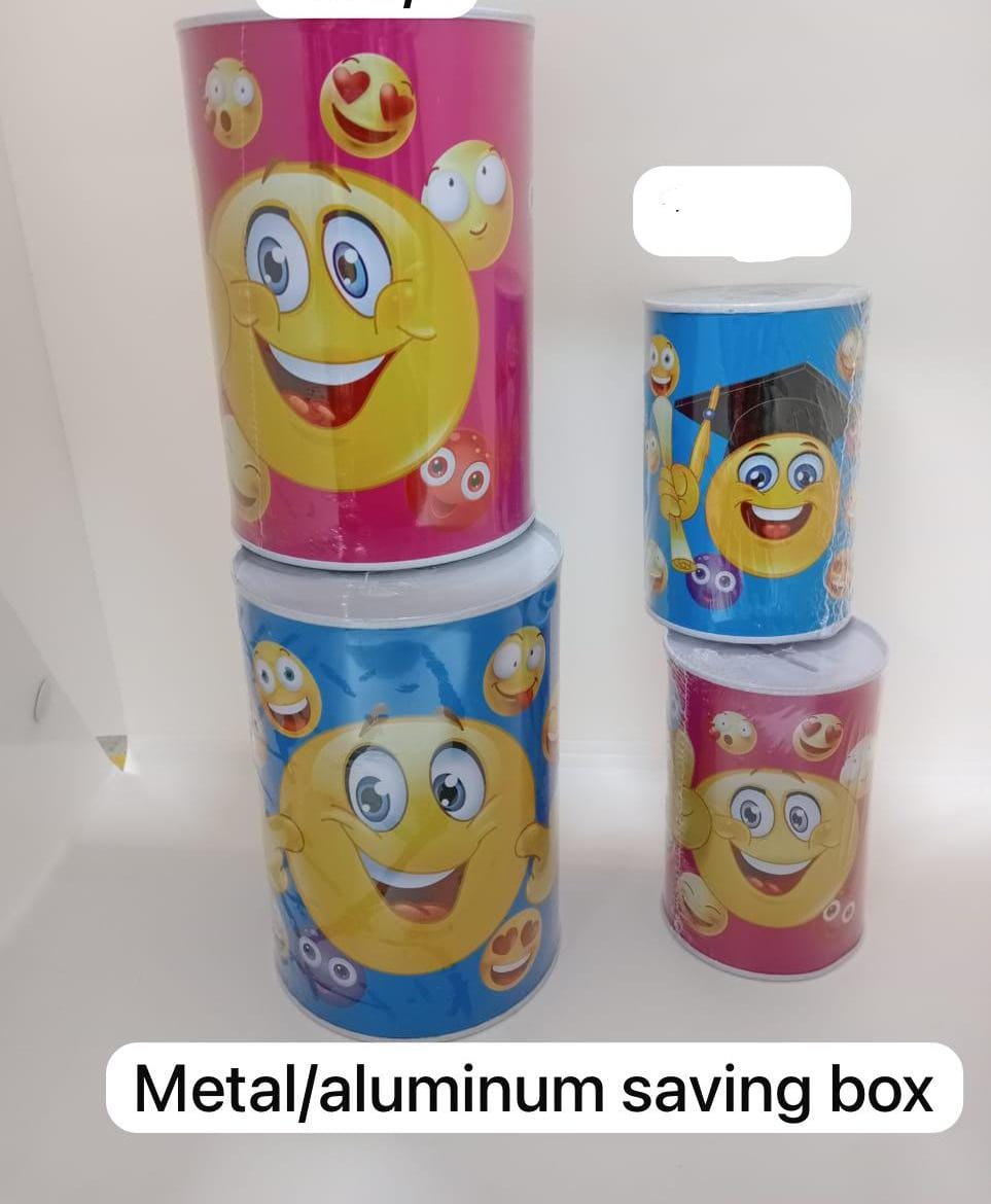 metal saving box features a bright emoji design that makes saving money exciting for kids. Made from durable aluminum, it’s perfect for holding coins and small savings securely. A playful way to teach