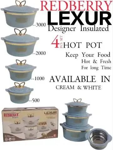4PCS Redberry Lexur Premier Range Plastic Hotpots 🔥
Serve hot, stay stylish, and keep food fresh with this sleek set of premium hotpots—perfect for everyday meals, family gatherings, and special occa