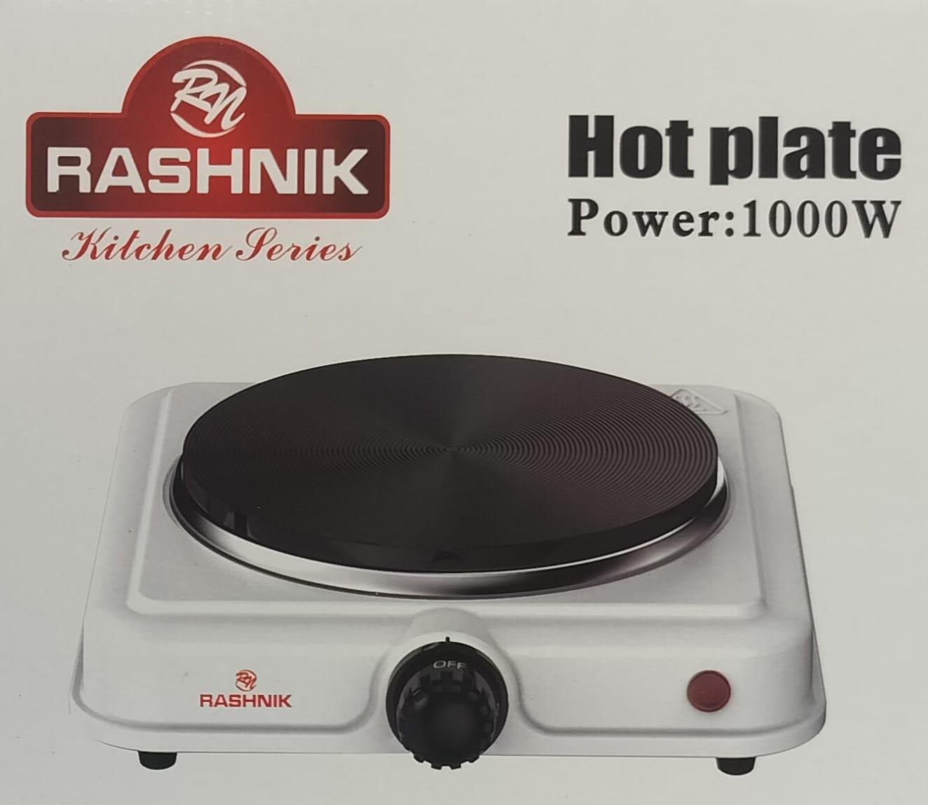 Rashnik Single Solid Plate Cooker (Model RN-4077W).
Power Output: 1000W. 
Design: Compact white body with a single solid cast iron heating plate. 
Features: Adjustable temperature control knob and a p