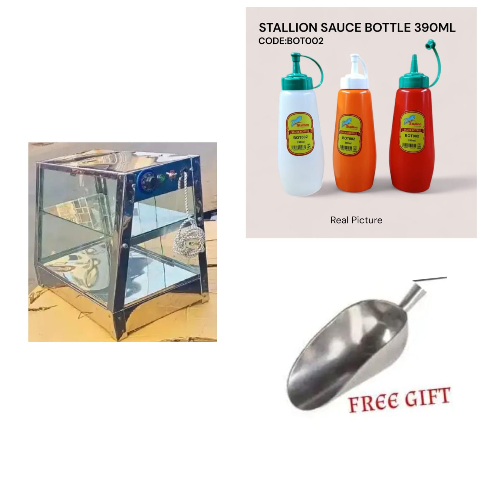 Chips Warmer + Display with 2 Sauce Bottles + Scoop & Spoon 🍟🔥
This is a complete countertop setup for keeping fried snacks hot, attractive, and easy to serve — perfect for small shops, food stalls,