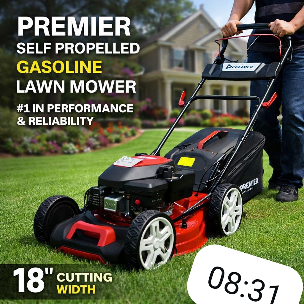 Premier Self Propelled Gasoline Lawn Mower. Engine: Features a 4-stroke OHV petrol engine with recoil start and a 0.9-liter fuel tank. Cutting Width: 18 inches. Performance: Offers seven posit