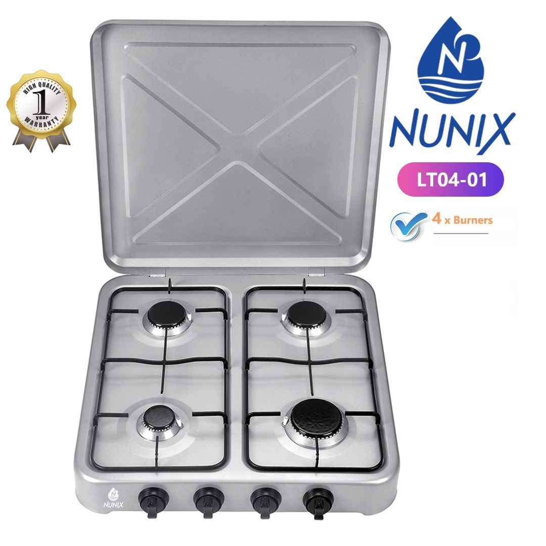 Nunix LT04-01 table top cooker with 4 gas burners. 
Features: Metallic lid and durable construction.
Ignition: Fitted with auto-ignition for reliable and faster cooking.