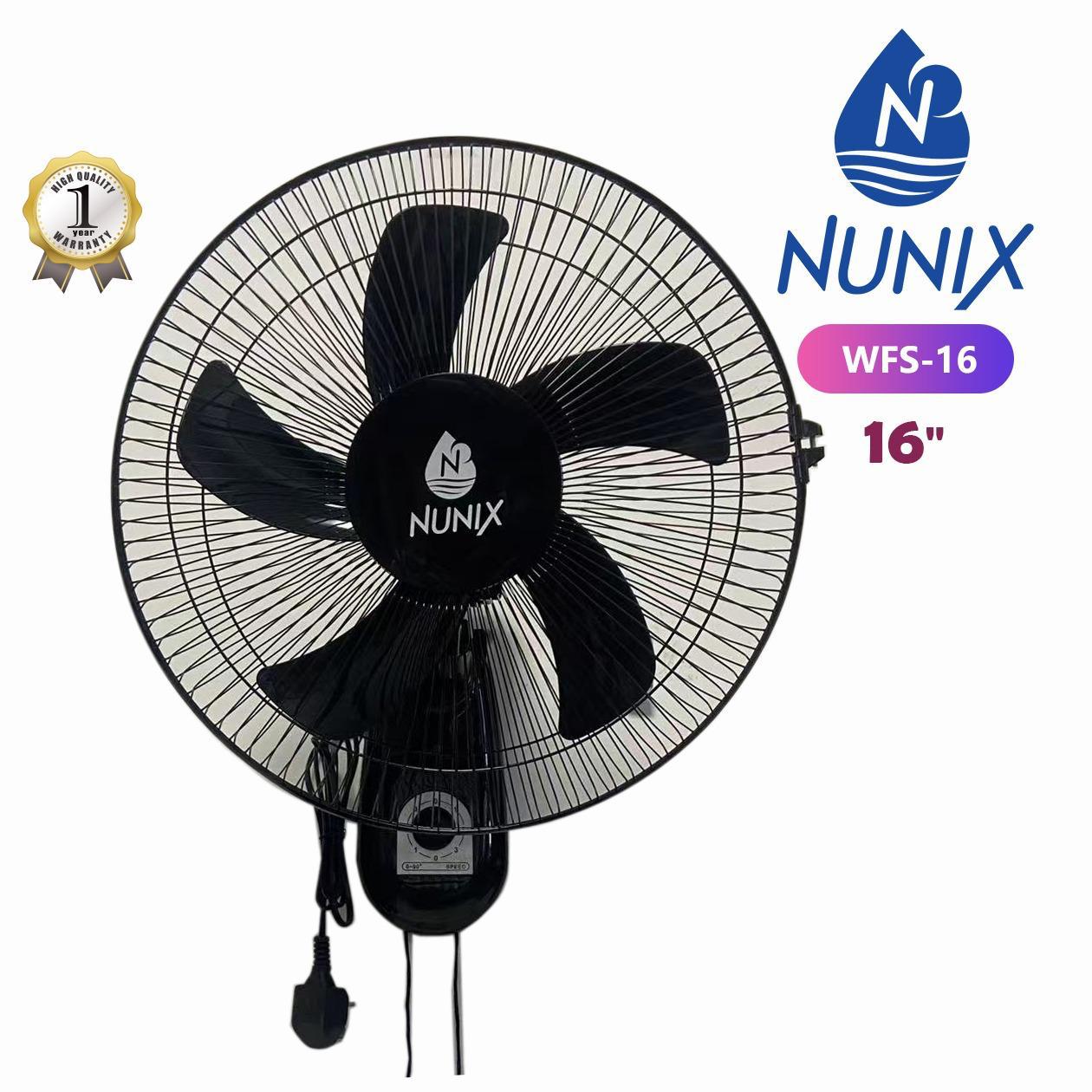 NUNIX WFS-16 16" Wall Fan. 
Features a 16-inch blade diameter for space-saving cooling.
Equipped with 3 speed settings controlled via a dial or pull-string.
Designed with a 180° oscillation function f