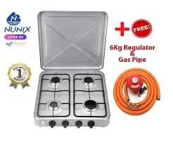 Nunix Table Top 4 Burner Gas Cooker Set — complete with a 6kg gas regulator, pipe, and clips for a ready-to-use cooking solution!
💥 What’s included:
✔️ 4 Burner Gas Cooker
Cook multiple meal