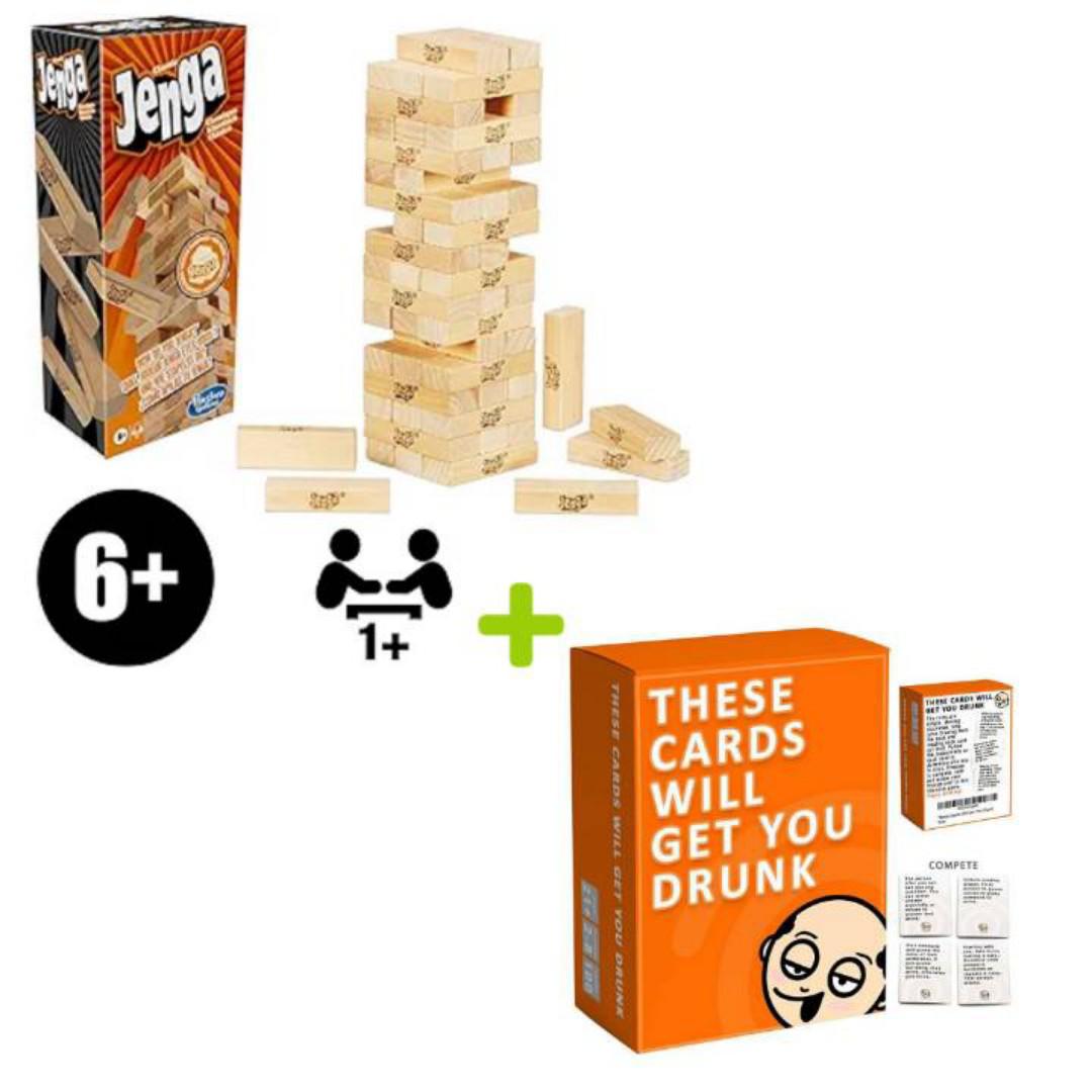 Jenga building game + FREE these cards will get you drunk card game