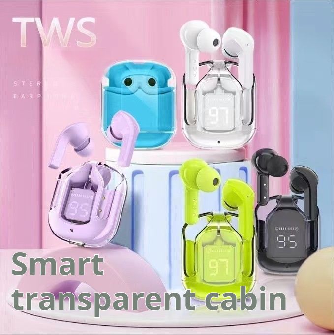 Cool Transparent Design Wireless Bluetooth Earphones Macaron Colors Touch Control AirPods LED Digital Display HiFi Dual Stereo Earpods Noise-canceling headphones Type-C interface for iOS & Android