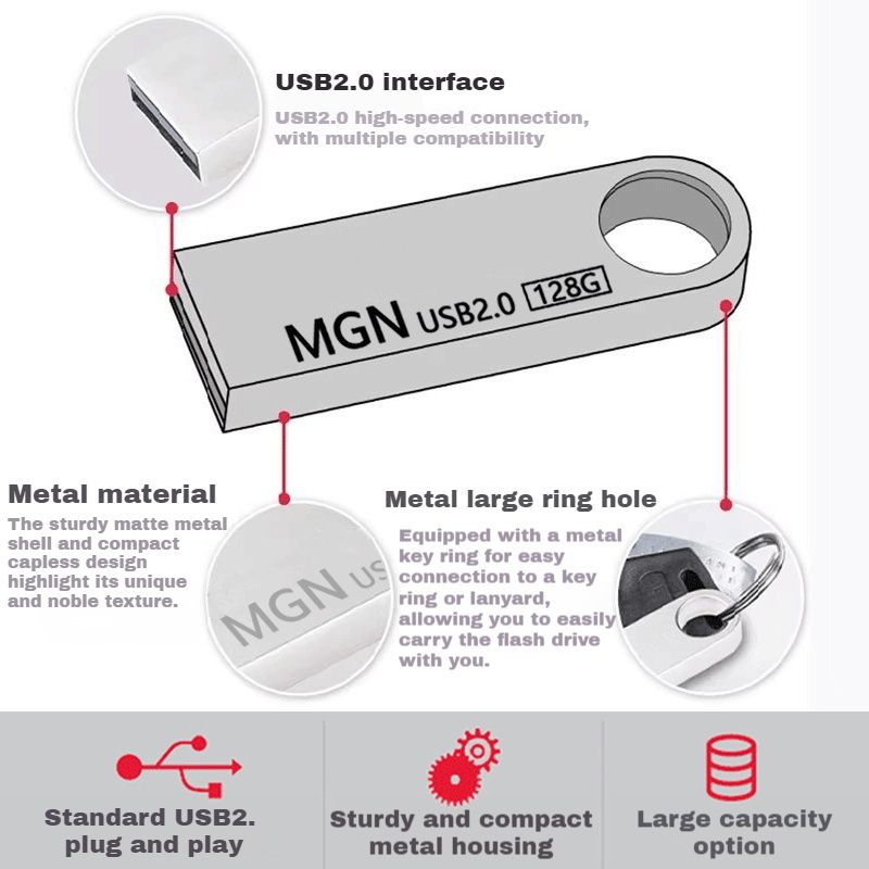 【New Arrivals】Metal High-speed reading and writing USB Flash Drives 128GB/64GB/32GB/16GB/8GB/4GB Portable Shockproof USB Flash Disks Additional Gift Keychain + Android OTG Adapter +Type-C OTG Adapter