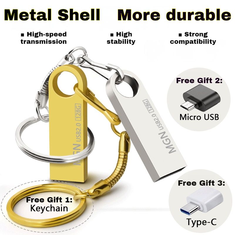 【New Arrivals】Metal High-speed reading and writing USB Flash Drives 128GB/64GB/32GB/16GB/8GB/4GB Portable Shockproof USB Flash Disks Additional Gift Keychain + Android OTG Adapter +Type-C OTG Adapter