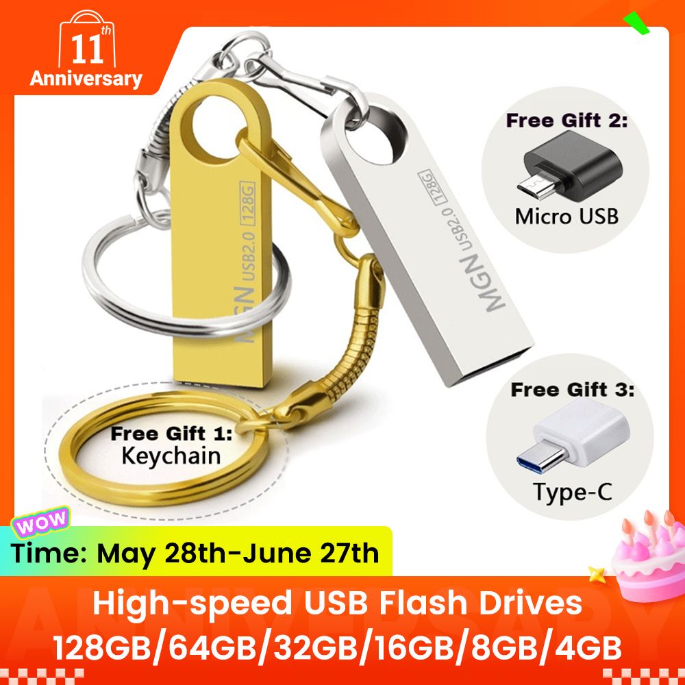 【New Arrivals】Metal High-speed reading and writing USB Flash Drives 128GB/64GB/32GB/16GB/8GB/4GB Portable Shockproof USB Flash Disks Additional Gift Keychain + Android OTG Adapter +Type-C OTG Adapter