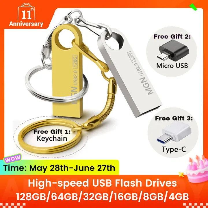 【New Arrivals】Metal High-speed reading and writing USB Flash Drives 128GB/64GB/32GB/16GB/8GB/4GB Portable Shockproof USB Flash Disks Additional Gift Keychain + Android OTG Adapter +Type-C OTG Adapter