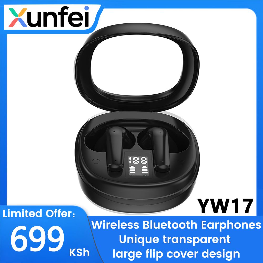 【New】YW17 Unique transparent large flip cover design semi-in-ear Wireless Bluetooth Earphones ANC noise reduction Earpods HiFi dual stereo Headphones Large capacity Long battery life LED display