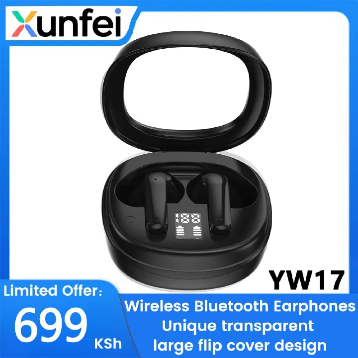 【New】YW17 Unique transparent large flip cover design semi-in-ear Wireless Bluetooth Earphones ANC noise reduction Earpods HiFi dual stereo Headphones Large capacity Long battery life LED display