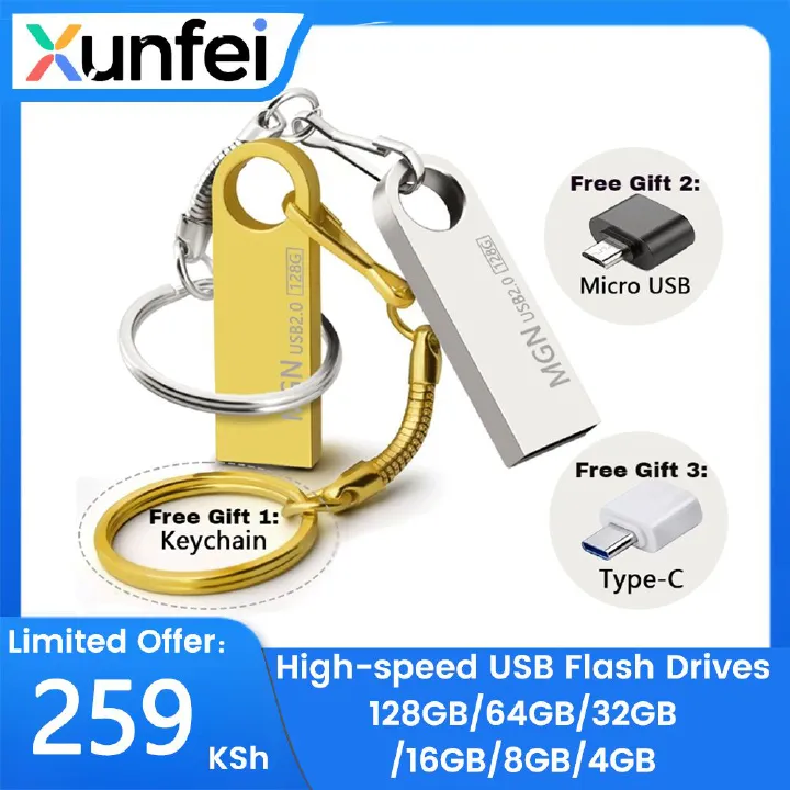 【New Arrivals】Metal High-speed reading and writing USB Flash Drives 128GB/64GB/32GB/16GB/8GB/4GB Portable Shockproof USB Flash Disks Additional Gift Keychain + Android OTG Adapter +Type-C OTG Adapter