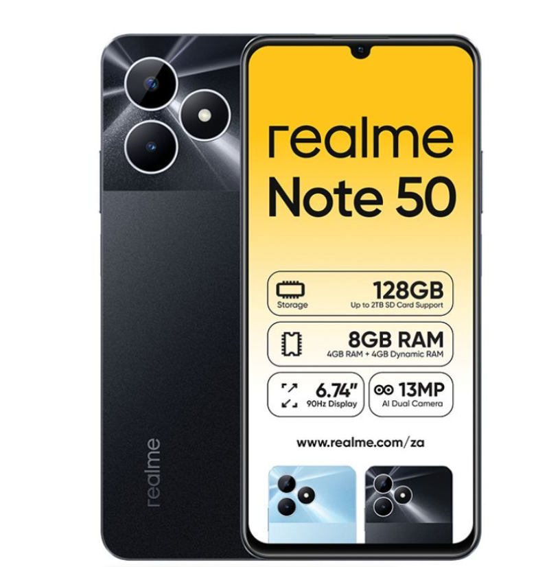 Brand New realme Note 50 6.74" 90Hz 128GB ROM + 8(4+4)GB RAM Unisoc Tiger T612 Type-C 3-Card Slot Side Fingerprint Smart Phones