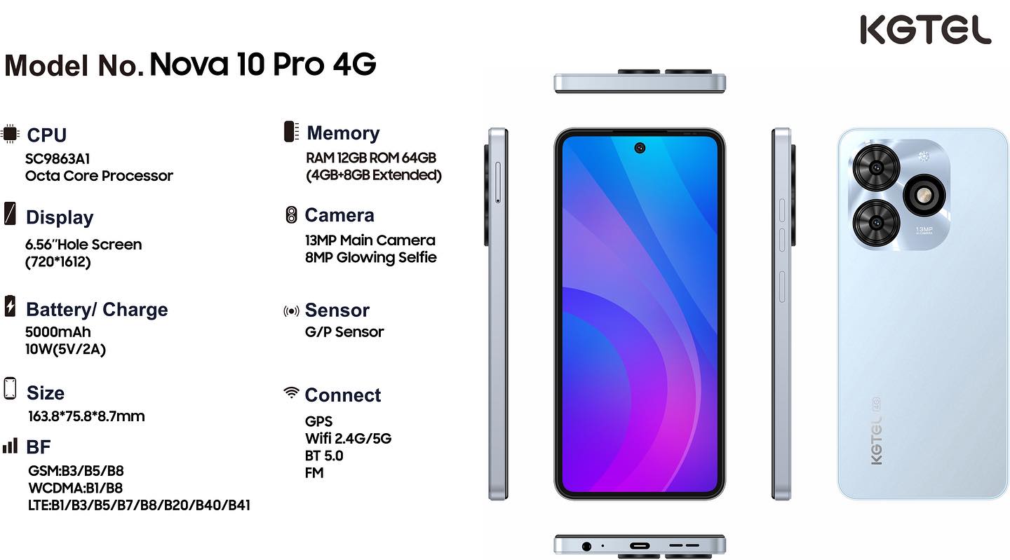 KGTEL NOVA 10  PRO 64GB Storage UPTO 12GB RAM (4+8)GB 5000mAh Dual SIM 13MP MAIN Camera 8MP SELFIE 6.53" LCD Screen 4G Finger Print Enabled Signal Stabilization Face Unlock Smart Phones