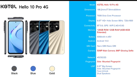 NEW ARRIVALS! KGTEL Hallo 10 PRO 4G 128GB + 12GB(4GB+8GB) 50MP Camera 6.67 HD Full Screen Dual SIM Side Fingerprint Android Smart Phones