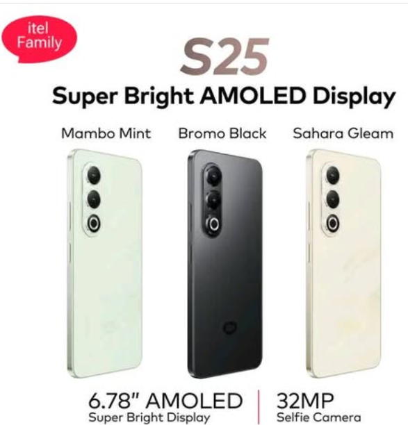 ITEL S25 128GB ROM+12(6+6) GB Super Bright AMOLED Display 5000mAh 50MP 4G Internet itel OS 14.5 Android Smart Phone