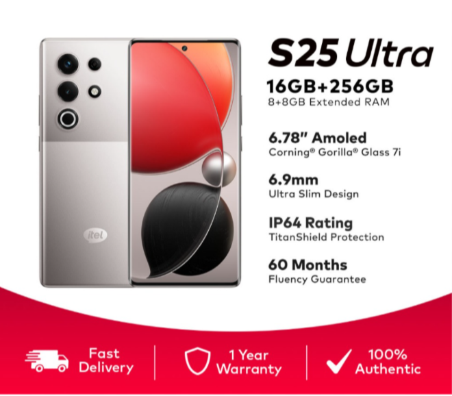 ITEL S25 Ultra 256GB + 16GB RAM 50MP Super Bright AMOLED Curved Display Dual SIM 4G itel OS 14.5 Android Smart Mobile Phone