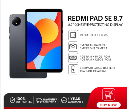 Xiaomi Redmi Pad SE 8.7 LTE Tablet | 4GB+64GB / 4GB+128GB | MediaTek Helio G85 | 8.7” 90Hz Display | 6650mAh Battery | 8MP Main Camera | Xiaomi HyperOS Android Tablet Phone