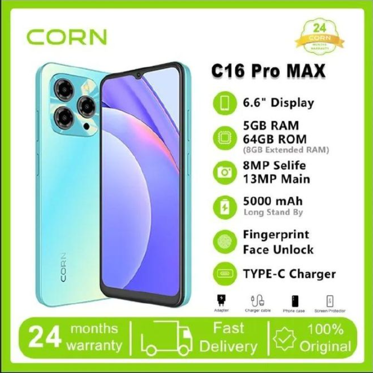 Corn C16 Pro Max 64GB Storage +5(2+3Extended ) RamUnlocked Cell Phone, Android 6.6"HD +WATERDROP SCREEN 13MP Main Camera,8mp Front camera 5000mAh Dual SIM, Face ID, smart Phone