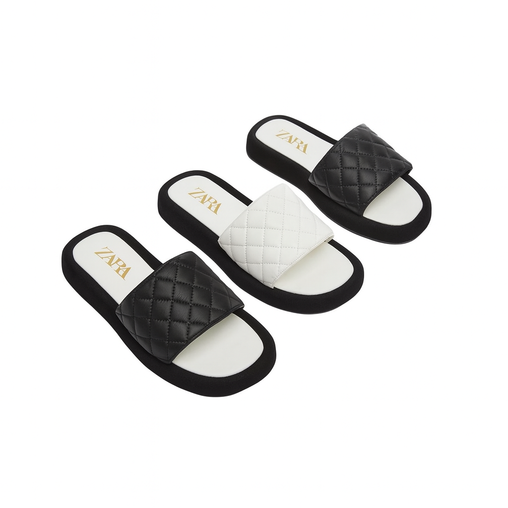ZARA Women’s Luxe Quilted Faux Leather Slide Sandals with Cushioned Footbed and Contrast Sole – White & Black Open-Toe Slip-Ons