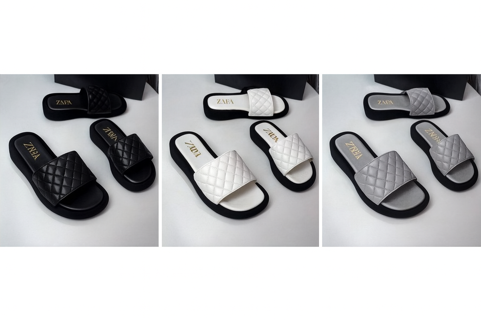 ZARA Women’s Luxe Quilted Faux Leather Slide Sandals with Cushioned Footbed and Contrast Sole – White & Black Open-Toe Slip-Ons