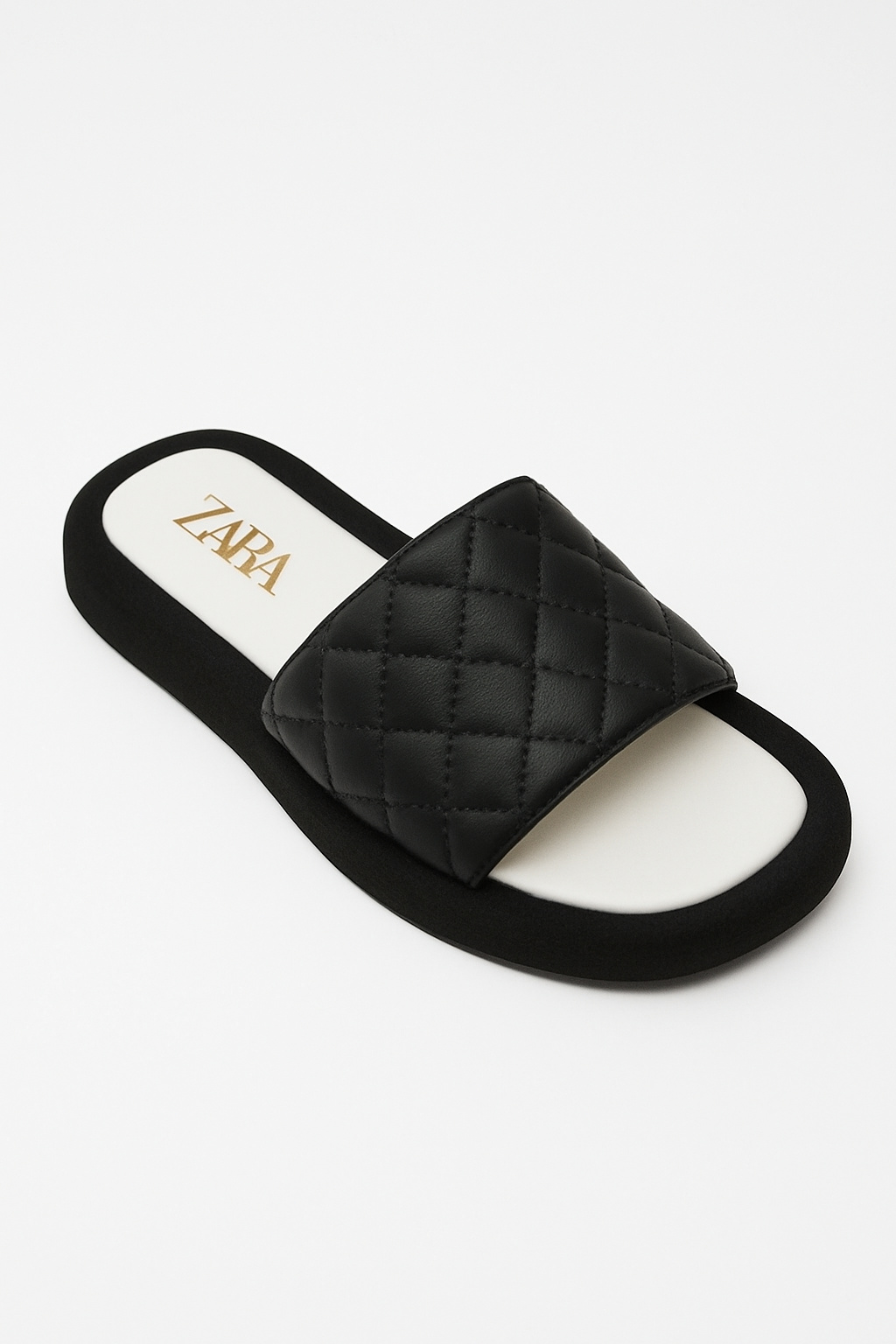 ZARA Women’s Luxe Quilted Faux Leather Slide Sandals with Cushioned Footbed and Contrast Sole – White & Black Open-Toe Slip-Ons