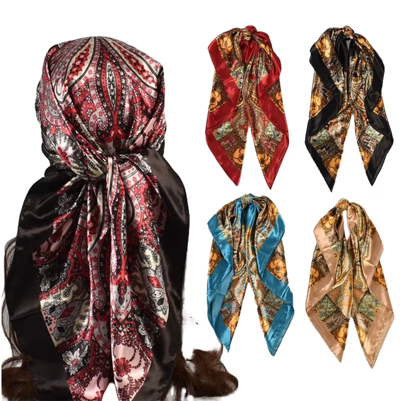 Silk Head Scarf Women Luxury Fashion Hair Scarve Summer Foulard Femme Satin Shawl Kerchief 90cm Square Headscarf Bandana Cheveux