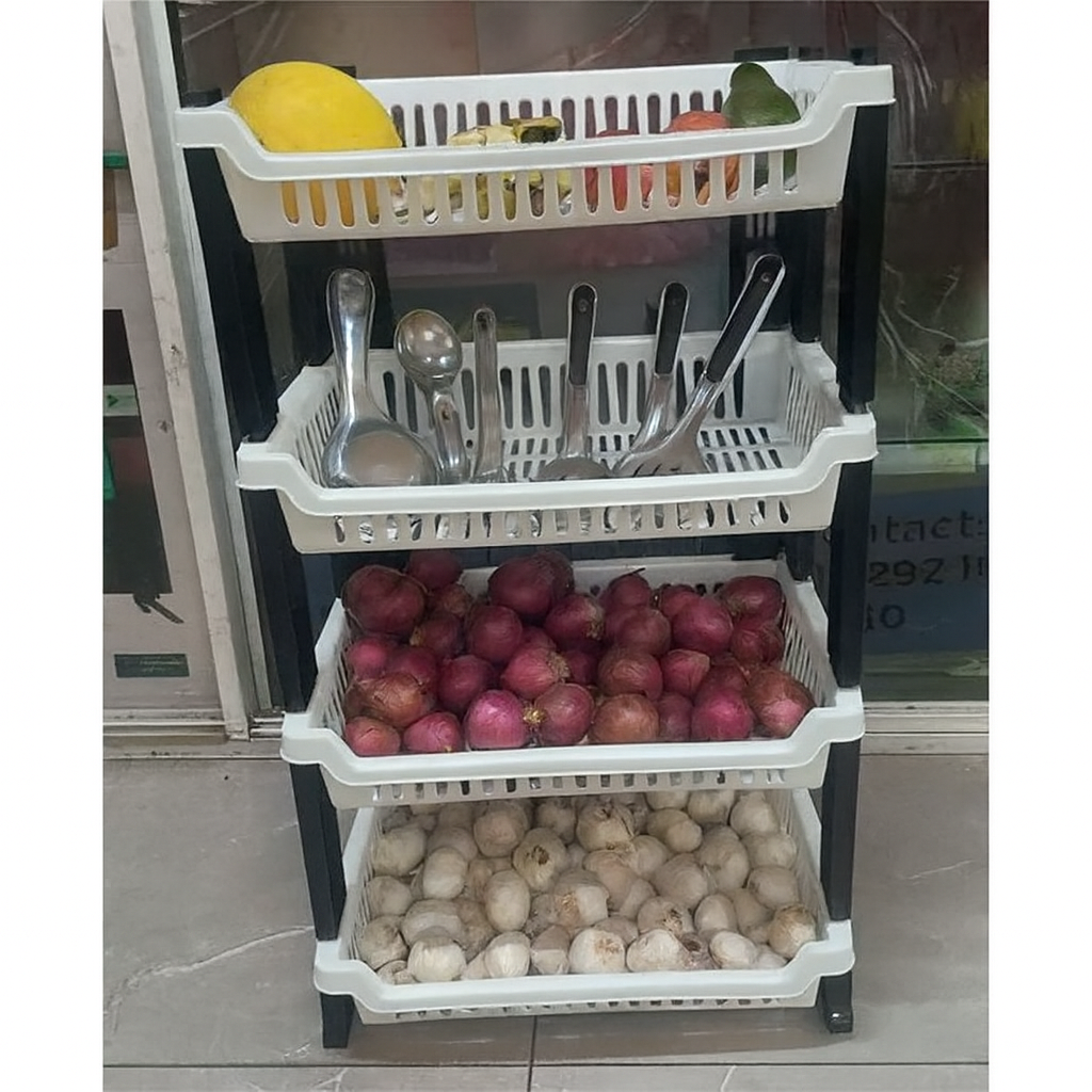 Kenstar 4-Tier Multipurpose Plastic Kitchen Rack/ Dish Rack – Black & White Vegetable, Dish & Storage Organizer Shelf a Must Have Utility Rack fruit rack utensils rack Dish Rack