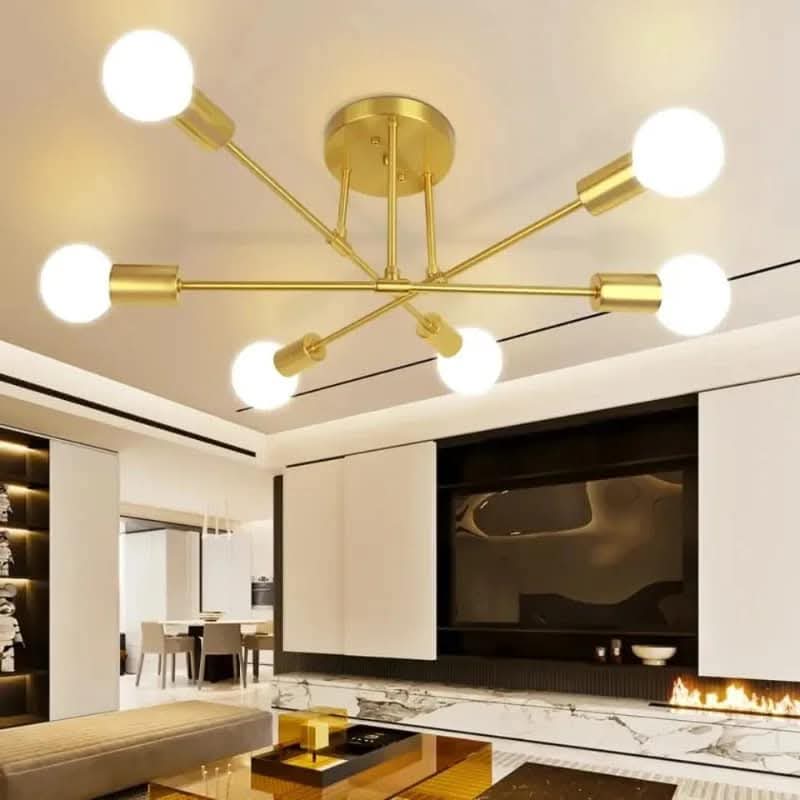 Modern Sputnik Chandelier, Ceiling Light Fixture Flush Mount 6-Lights Gold Chand