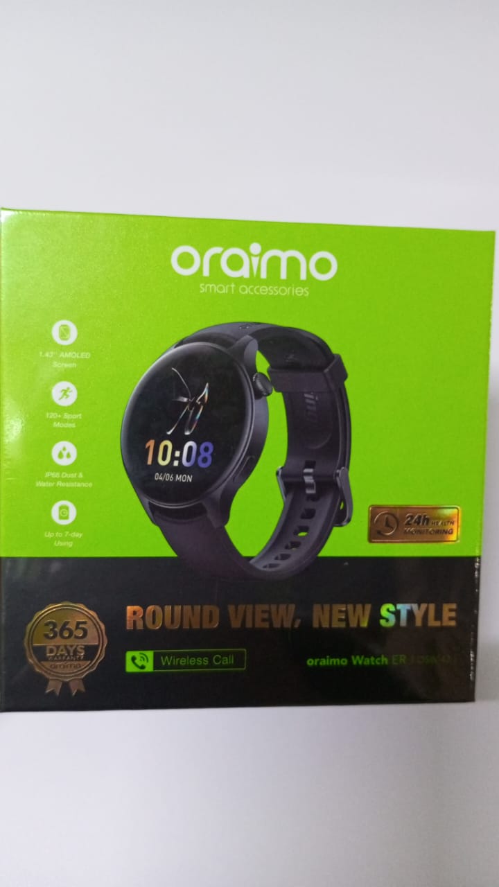 Oraimo smart watch ER, OSW 42
circular with Amoled screen
Water and Dust proof
Able to receive and make calls
Monitor you pressur and heart rate with easy