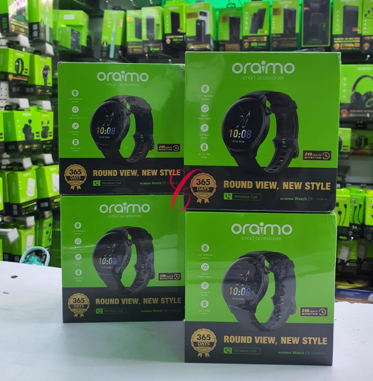 Oraimo smart watch ER, OSW 42
circular with Amoled screen
Water and Dust proof
Able to receive and make calls
Monitor you pressur and heart rate with easy