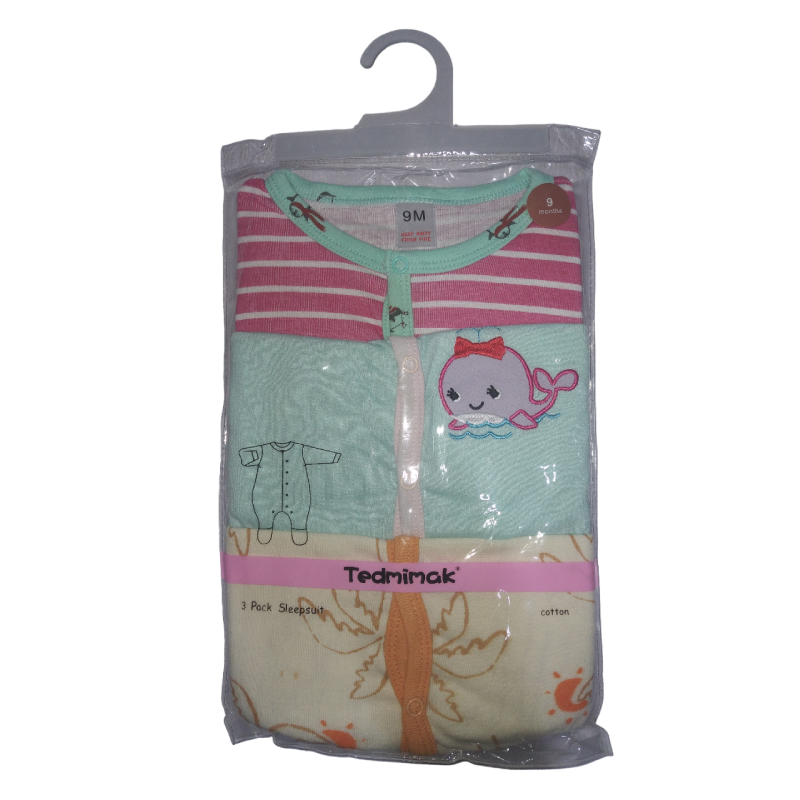 100% 3-pack Assorted Baby Sleepsuits (3-6 Months)