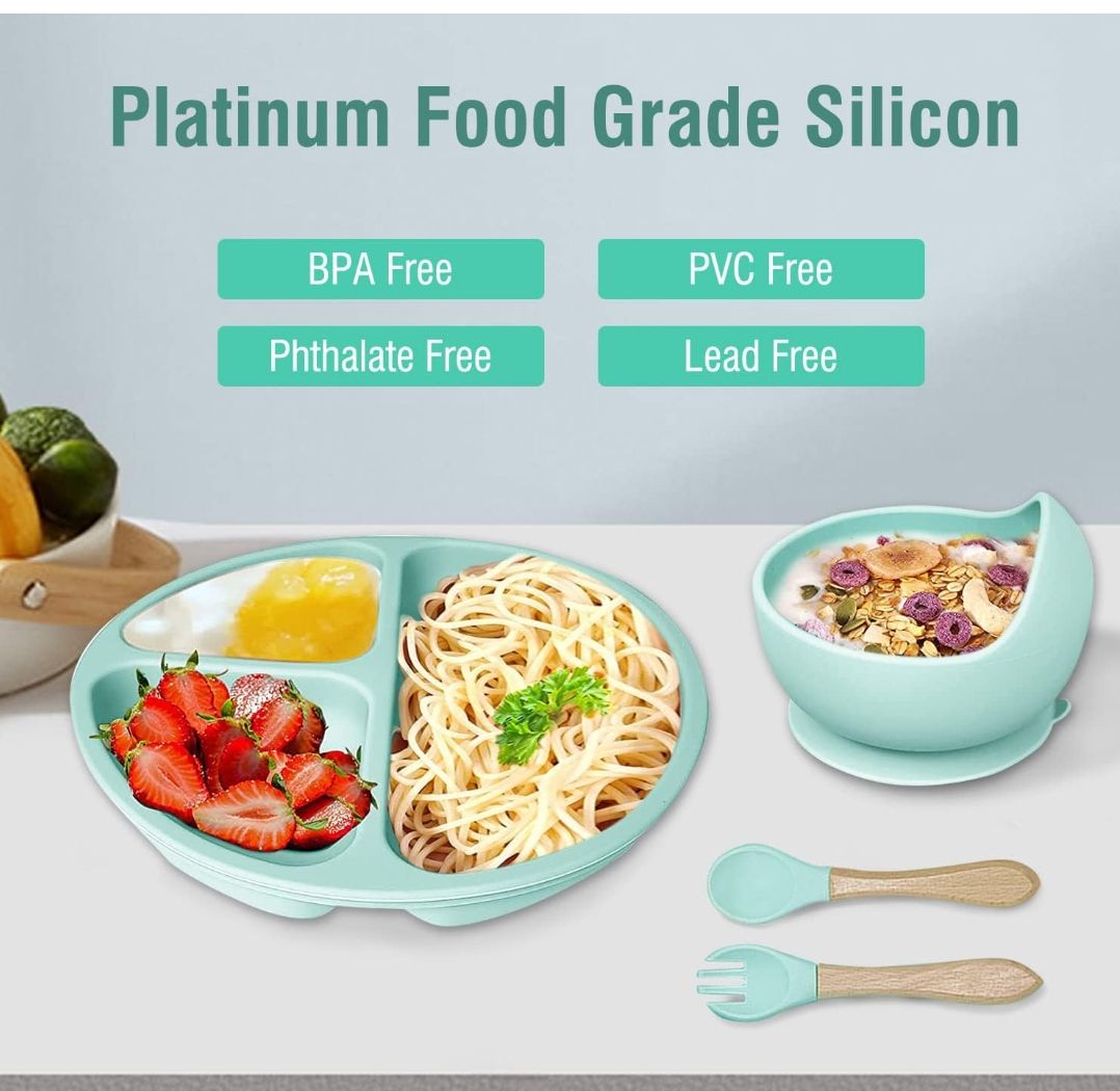 8PCS Silicone Baby Feeding Set Premium BPA-Free Baby Led Weaning Supplies with Suction Plates and Bowls Set,toddler self feeding Utensils with Spoons,Bibs,Cups|Baby feeding essentials for 6+ Months