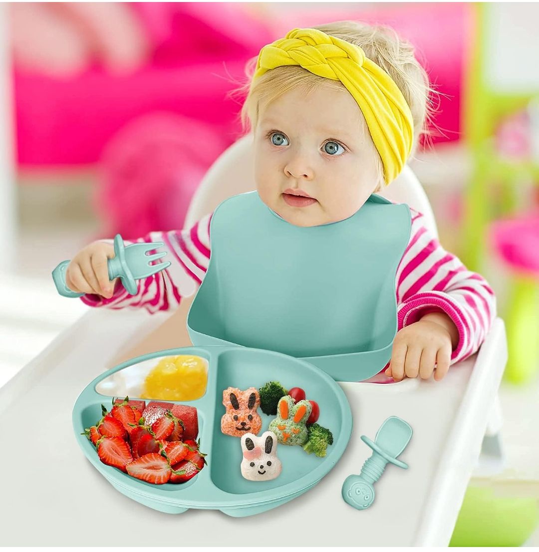 8PCS Silicone Baby Feeding Set Premium BPA-Free Baby Led Weaning Supplies with Suction Plates and Bowls Set,toddler self feeding Utensils with Spoons,Bibs,Cups|Baby feeding essentials for 6+ Months