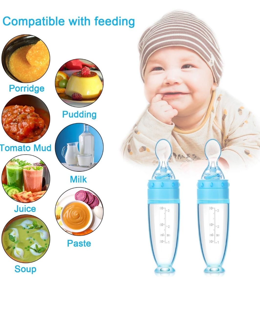 2 Pieces Silicone Baby Spoons Baby Feeding Spoon with Standing Base for Infant 0-24 Months Dispensing and Feeding (blue)