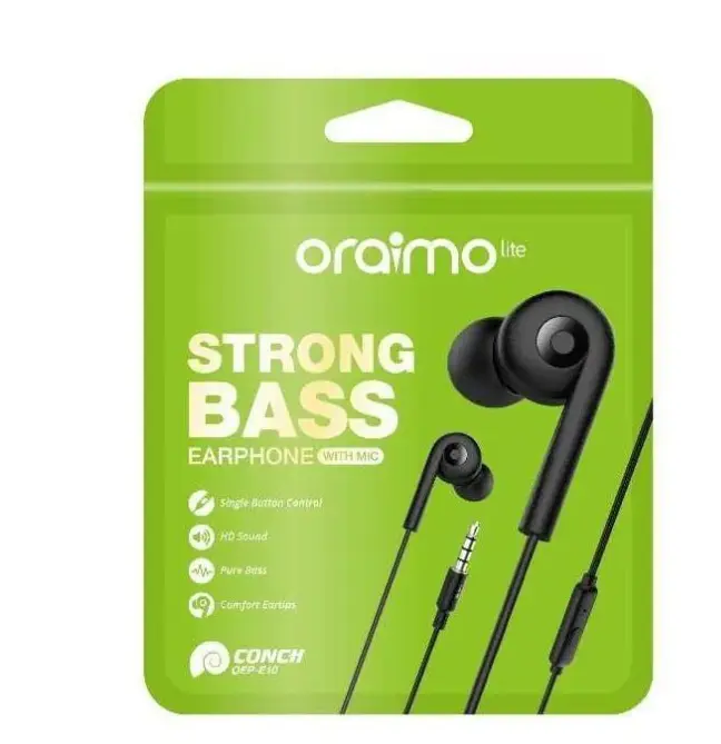 Oraimo black earphones, designed for the ultimate audio experience, feature strong pure bass and high-definition sound, along with a built-in microphone for clear calls, and come equipped with special