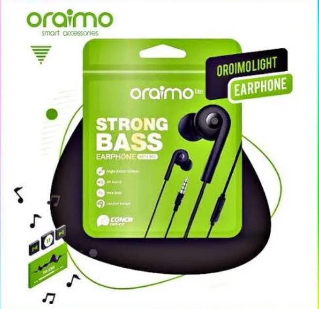 Oraimo black earphones, designed for the ultimate audio experience, feature strong pure bass and high-definition sound, along with a built-in microphone for clear calls, and come equipped with special