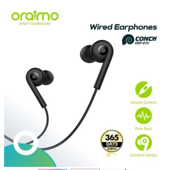Oraimo black earphones, designed for the ultimate audio experience, feature strong pure bass and high-definition sound, along with a built-in microphone for clear calls, and come equipped with special