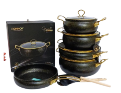 New Arrival!! Donnor granite cookware set 11pcs: Layer 1 crystal Particle nonstick coating, 2 Granite crystal,3 Non stick coating, 4 Base coating,5 European standard aluminum alloy,6 External coating