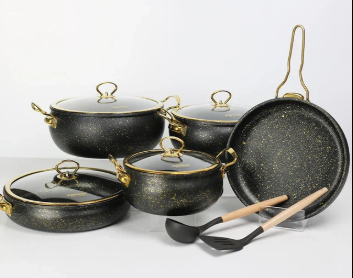 New Arrival!! Donnor granite cookware set 11pcs: Layer 1 crystal Particle nonstick coating, 2 Granite crystal,3 Non stick coating, 4 Base coating,5 European standard aluminum alloy,6 External coating