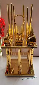 24 pcs Gold Plated Stainless Steel Cutlery Set with Hanging Stand (6 Dinner Spoon, 6 Dinner Fork, 6 Teaspoon, 6 Dinner/Butter Knives & 1 Stand)